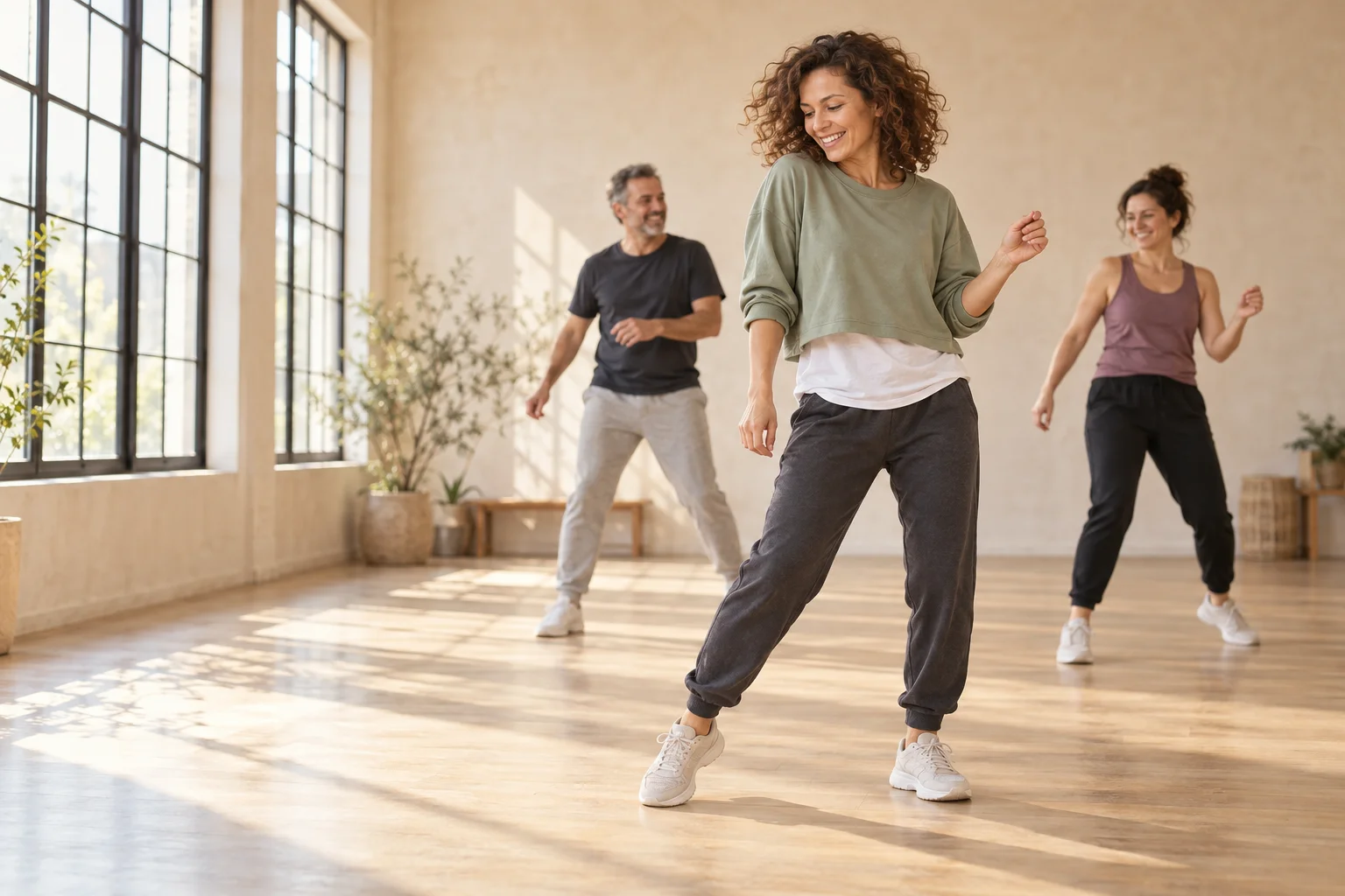 Illustration de personnes adultes pratiquant un pas de danse dans un studio lumineux